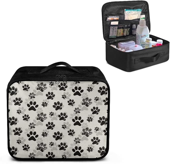 First Aid Case Empty Pet Paw Print Veterinary Medic Bag for Animal Clinics and Pet Owners Includes Secure Zipper Compartments Breathable Mesh Panels Soft Lining Washable Material