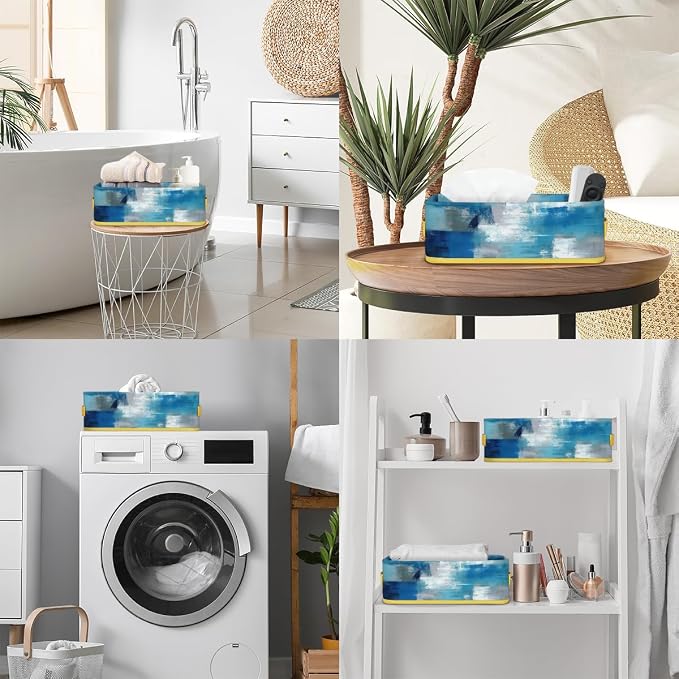 Blue White Abstract Bathroom Storage Basket, Foldable with Handle Open Countertop Paper Towel Decorative Box, Toilet Tank Top Shelf Baskets for Home Closet Bedroom Living Room Office