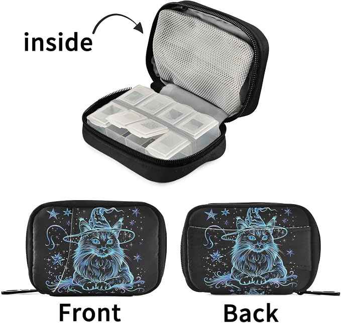 Fustylead Halloween Mystic Blue Cat Wear Witch Hat and Stars Pill Organizer Case with Zipper 2 Times A Day for Vitamin and Supplement, 7 Day Travel Organizer Medicine Case