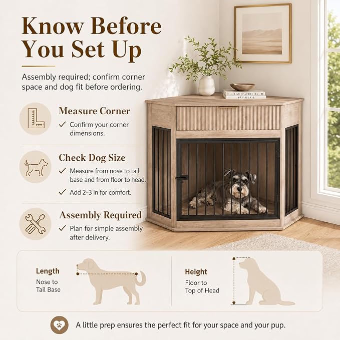 Corner Dog Crate Furniture with Fluted Drawer | MDF & Steel, Medium Dogs 26-40 lbs, Modern decorative pet house