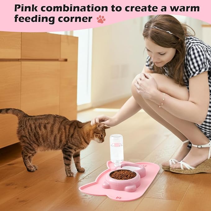 Pink Cat Food and Water Bowl and Non-Slip Silicone Mat Set Stainless Steel Food Bowl with 18.6oz Large Capacity Water Dispenser for Cats and Small Dogs