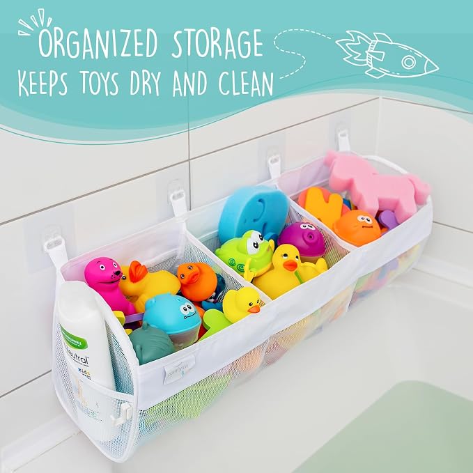 Large Bath Toy Organizer – 3 Compartment Bath Toy Holder for Bathtub & Shower – Quick-Dry Mesh with 4 Strong Adhesive Hooks – Kids Toys Storage Net for Bathroom, shower & Tub