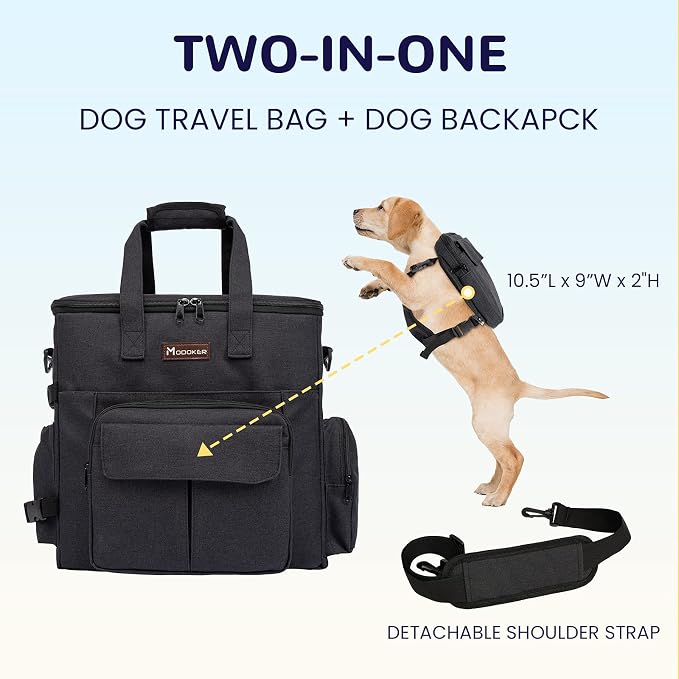 Modoker Dog Travel Bag with 2 Collapsible Dog Bowls, 1 Dog Backpack, Airline Approved Pet Travel BagOrganizer for Supplies & Accessories, 2 Travel Dog Food Container, Black | Dog travel accessories set with feeding supplies, bowls, mat, and strap. Idea...