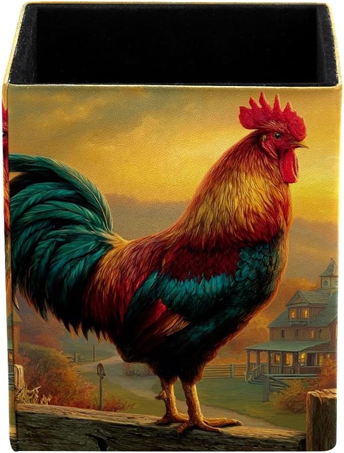 Rooster Pen Holder for Desk Decor, Rectangular PVC Leather Pencil Cup for Desk Pen Organizer, Makeup Brush Holder for School, Home, Office
