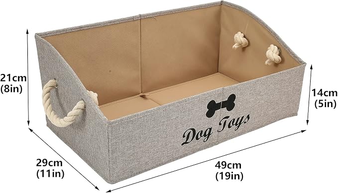 Large Dog Toys Storage Bins - Foldable linen Trapezoid Organizer Boxes with weave Rope Handle, Collapsible Basket for Shelves (Light Brown-DOG)