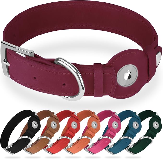 Leather Dog Collar with Airtag Holder - Apple Air Tag Dog Collars - Soft Tracking GPS Pet Collar for Small Medium Large Dogs Breed Puppy (Burgundy, S, 9"-12" Neck Fit)