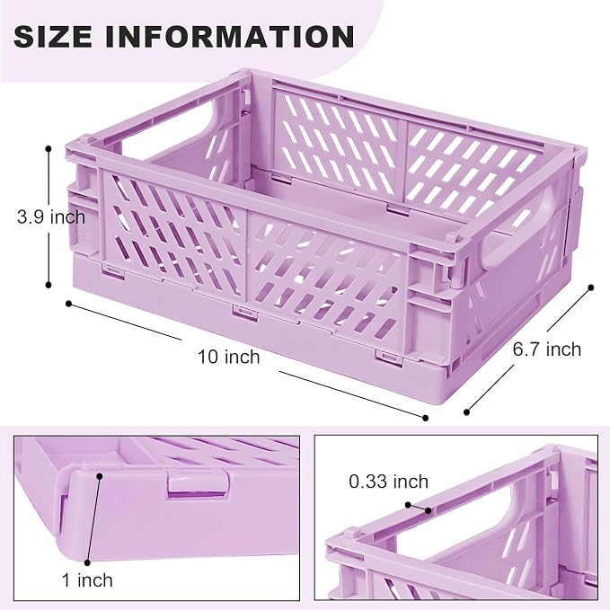 Tobeso-Nuoze Pastel Plastic Storage Baskets 2 Pack, Collapsible Crates | for Organizing, Space-Saving Bins for Kitchen, Office, Bedroom (Purple, Medium:9.8" x 6.5" x 3.8")