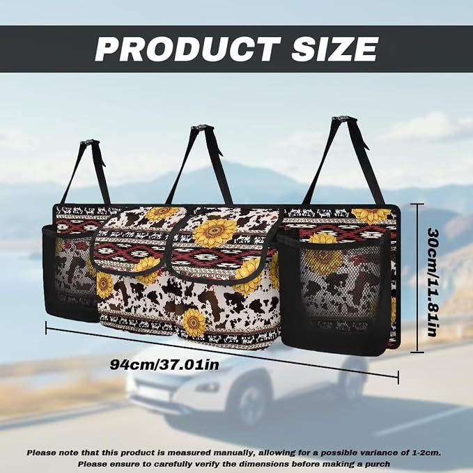 Boho Back Seat Organizer - Sunflower Cow Print Car Accessories for Women Reinforced Trunk Storage System with 4 Pockets