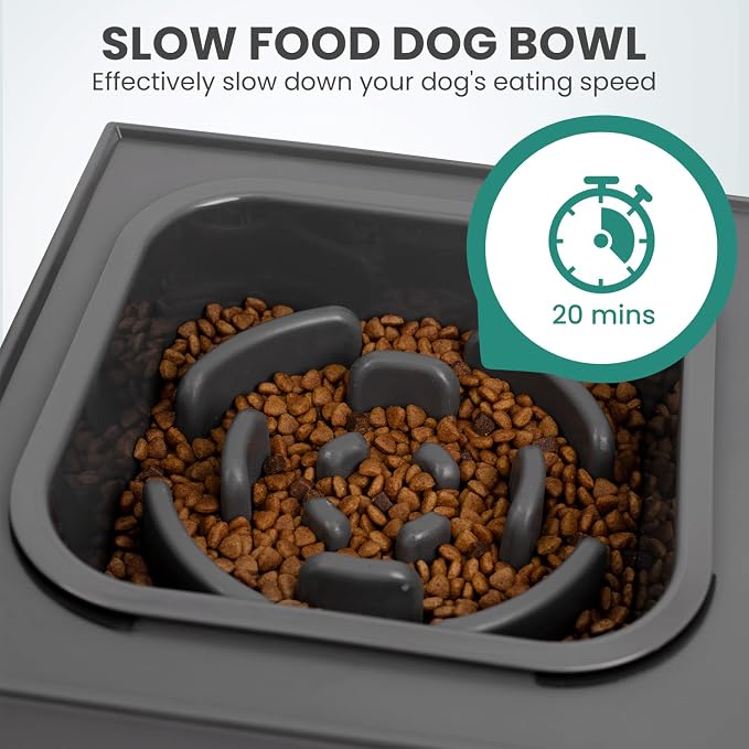 Elevated Dog Bowls, with Slow Feeder Bowl and Stainless Steel Dog Food Bowl, Raised Dog Bowls Adjusts to 5 Heights (3.15", 8.66", 9.84",11.02", 12.2") for Small Medium and Large Dogs