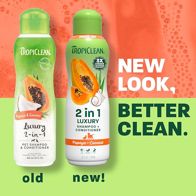TropiClean 2-in-1 Dog Shampoo and Conditioner, Long Lasting Papaya Scent, Moisturizing Dog Detangler, Puppy & Kitten Safe, Made in the USA, 20oz.