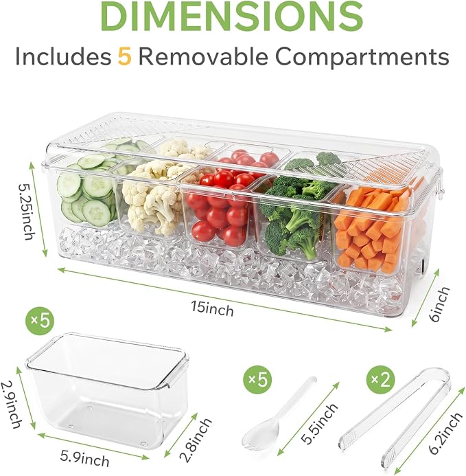 Condiment Caddy with Lid, Condiment Containers,Serving trays | Food Storage Containers, Includes 5 Spoons and 2 Clips, 5 Detachable Compartments, For Fruits Nuts Cookies Condiments