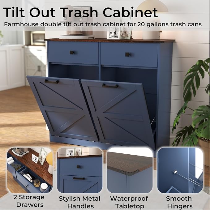 Double Tilt Out Trash Can Cabinet for 20 Gallon,Hidden Dual Laundry Cabinets with 2 Drawers & 2 Baskets, Barn Door Style Garbage Cabinet for Kitchen (Blue)
