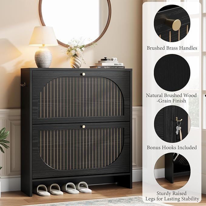 Shoe Cabinet Storage for Entryway, Narrow Shoe Rack 2 Flip Drawers with 3-Level Adjustable Shelves, 9.5" Slim Cabinet for Small Spaces, Midnight Black Wood Storage Cabinets Fits Size 12+