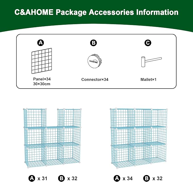 C&AHOME Wire Cube Storage, 9 - Cube Organizer Metal C Grids, Shelves, Blue | Modular Shelves Units, Closet Organizer, Storage Bins Shelving, Ideal for Home, Office, Living Room