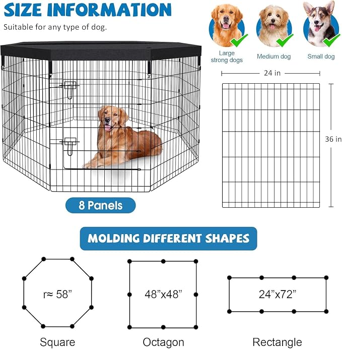 Artmalle 36-Inch Dog Playpen with Top Cover, 8-Panel Rustproof Fence | 36-inch rustproof 8-panel dog playpen with 600D Oxford Top cover, tool-free setup and roomy space for indoor or outdoor use.