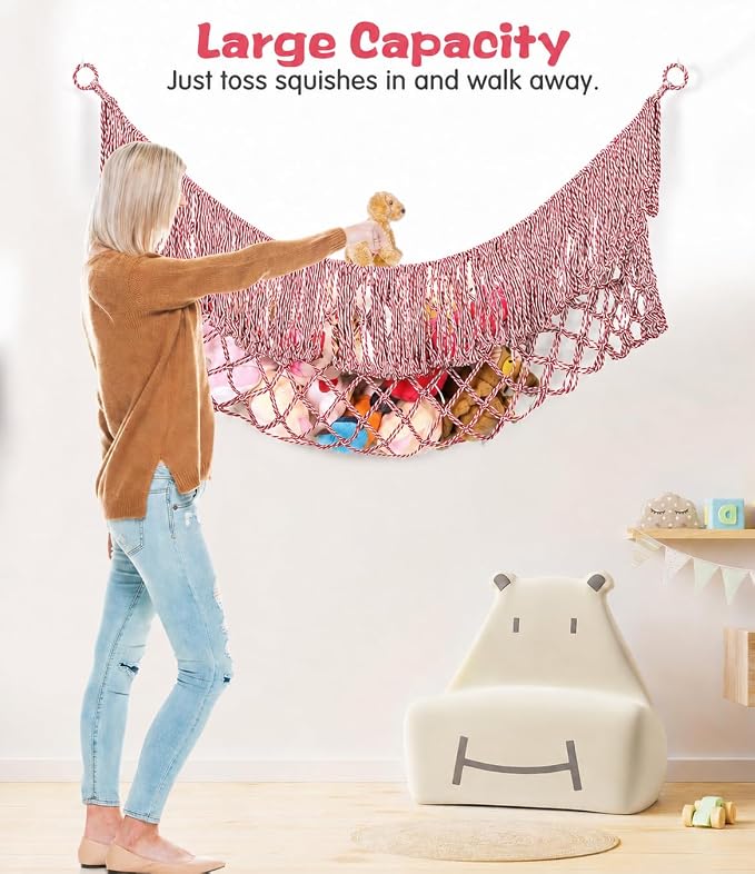Stuffed Animal Hammock - Extra Large 63'' Long (Red-White) | Premium Cotton Hand-knitted, Beautiful Long Tassel, Storage Hanging Organizer, Can Fit Stuffed Animals 40 Piece or More