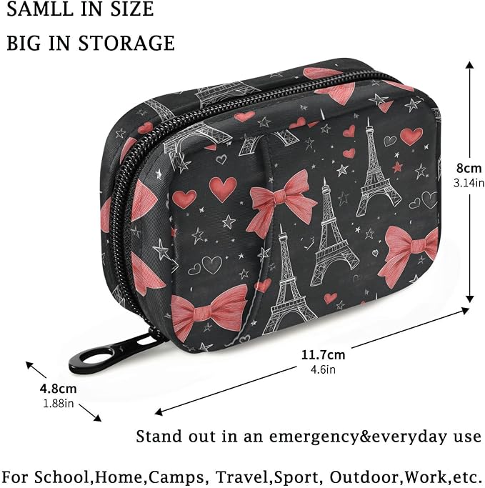 Fustylead Hand Draw Eiffel Towers Hearts Stars Red Bow Tie Travel Pill Organizer Bag with Zipper Small Pill Box 7 Day Pill Case for Purse Storage Weekly Vitamin Medicine Supplement