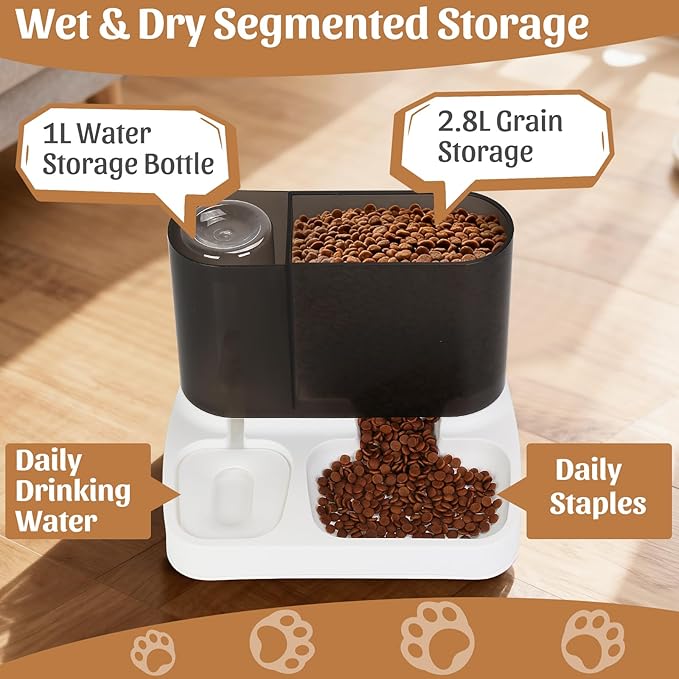 Automatic Pet Feeder and Water Dispenser Set, 2 in 1 Gravity Cat Dog Auto Food and Water Bowl Set for Small Dogs Puppy Cats Pets (Black&White)