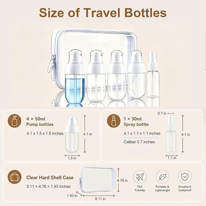 5 PCS Clear Refillable Travel Bottles, Travel Toiletry Bag | TSA Accepted Travel Size Containers, 1.0mm PET Pump Bottles for Toiletries, Organizer Bag, Toiletry Pouch (4x1.7oz+1x1oz)