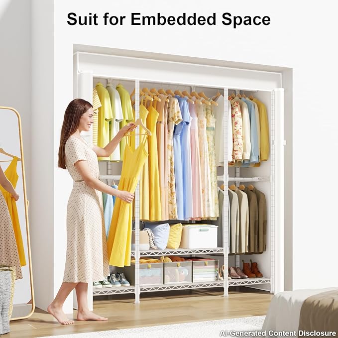 E3C White Clothes Rack with Beige Cover, Heavy Duty Garment Rack | Freestanding Metal Closet System Storage Organizer for Clothing, Clothing Rack Holds up to 850 lbs, 59.5"W x 16.5"D x 77.4"H