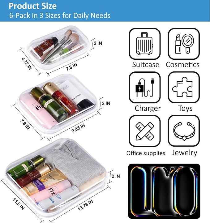 6 Pack Clear Hard Shell Zipper Case, Hard Plastic Zipper Pouches(2L, 2M,2S) | 2 Large, 2 Medium,2 Small，Diaper Bag Storage Organizer Box, for Travel of Makeup Bag, Toiletry Bag, Electronics, Toys