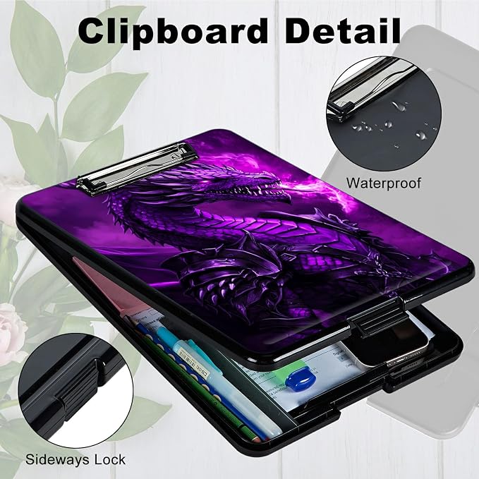 Purple Flaming Dragon A4 Clipboard with Storage Pen Holder, Clipboards Organizer Nursing Clipboard Foldable File Folder Plastic Clipboard Folio Clip Board for Office Students Classroom