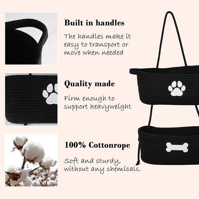 2-Tier Dog Baskets,Over Door Hanging Oganizer for Pet Stuff with Metal Hooks,Cotton Rope Wall-Mounted Storage Organizer for Dog Leash/Harness/Small Toys/Trash bag - Black
