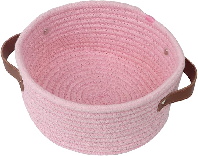 Small Woven Cotton Rope Basket with Leather Handle, Pink | Mini Round Storage Basket, Empty Gift Basket, Nursery Toy Organizer, Decorative Shelf Bin, Boho Room Decor
