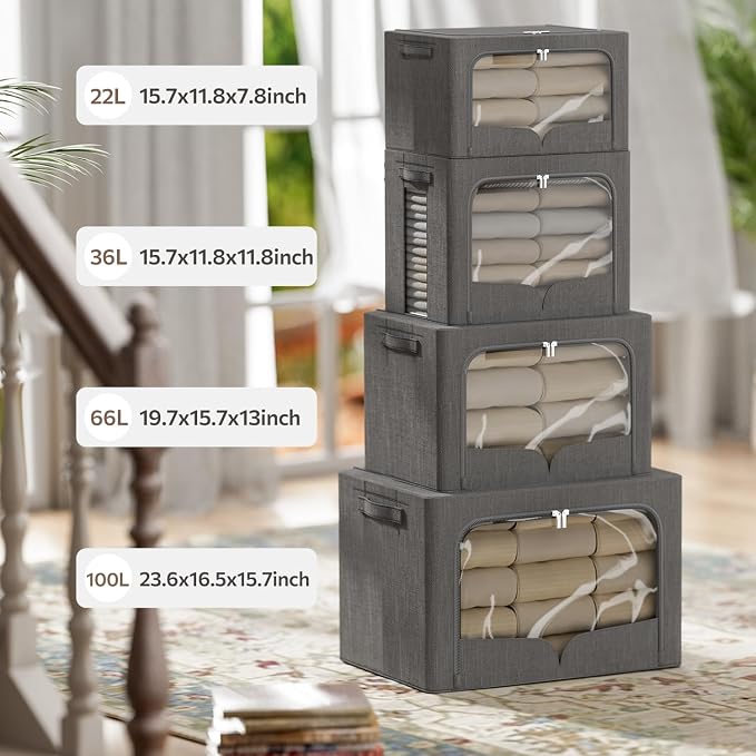 FHSQX 3 Pack Clothes Storage Bins with Metal Frame | Dark Gray, 15.7x11.8x11.8inch (36L) ,Foldable, Stackable Linen Fabric, Carrying Handles, Clear Window