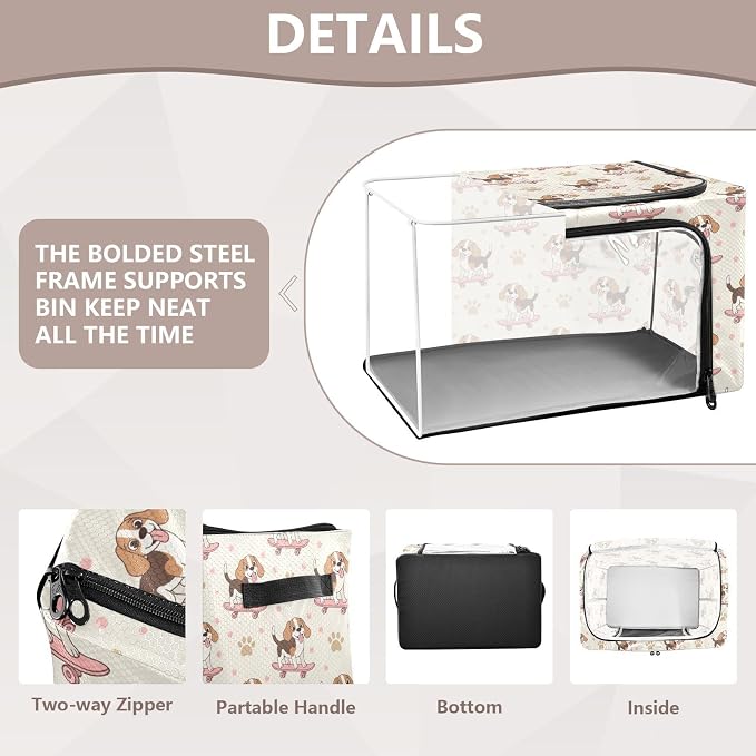 Cute Pets Dog Beige pattern Under Bed Storage Containers with Double Zipper Openings, Foldable Clothes Storage Bins with Clear Window and Handles for Bedding Comforters Blankets