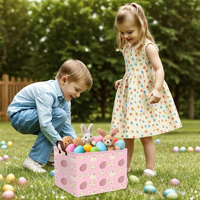 Large Cute Easter Basket for Kid Empty Gift Baby Rectangle Storage Bin Bunny Eggs Boy＆Girl Room Décor (Rabbit Pink Flower Egg)