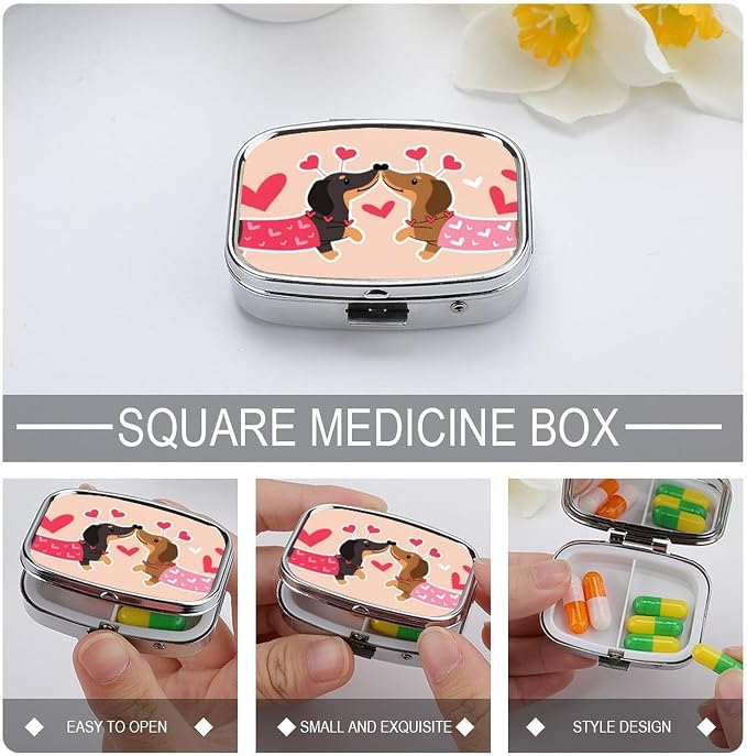 Dachshund Dogs Kiss Heart Durable Metal Pill Case for Daily Use, 2 Slot Medicine Box Organizer,Leak Proof Travel Pill Container for Vitamins, Compact Pocket Medicine Holder for Seniors,Holiday Gift