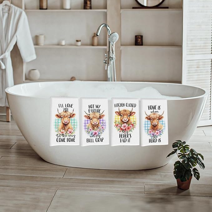4 Pcs Funny Cow Kitchen Towels, Highland cattle Flower Decorative Absorbent Microfiber Dish Cloth Tea Towel, Plaid Waffle Soft Hand Towels for Farmhouse Home Bathroom Kitchen Decor, Cow Gifts