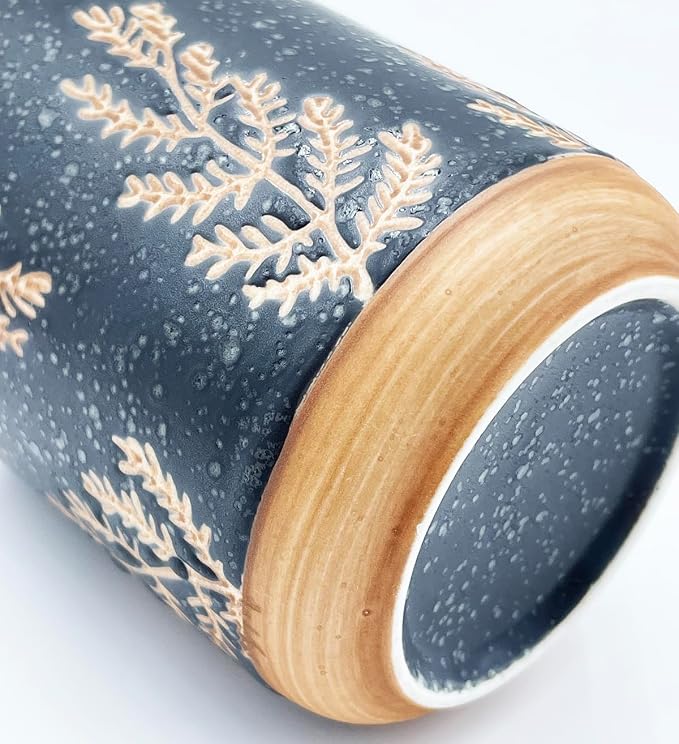 10oz Ceramic Airtight Food Storage Container with Wooden Spoon for Sugar,Matcha,Salt,Coffee,Spices,Cat Treat,Loose Leaf Tea(Black Botanical Fern Pattern)