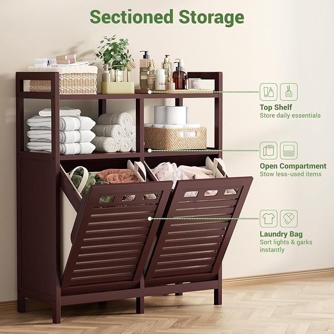Homykic Tilt Out Laundry Hamper Cabinet, Bamboo Laundry Organizer, Espresso | 20 Gal Laundry Sorter with 2 Removable Liner Bags, Hidden Clothes Hamper with Shelf for Laundry Room, Bathroom, Closet