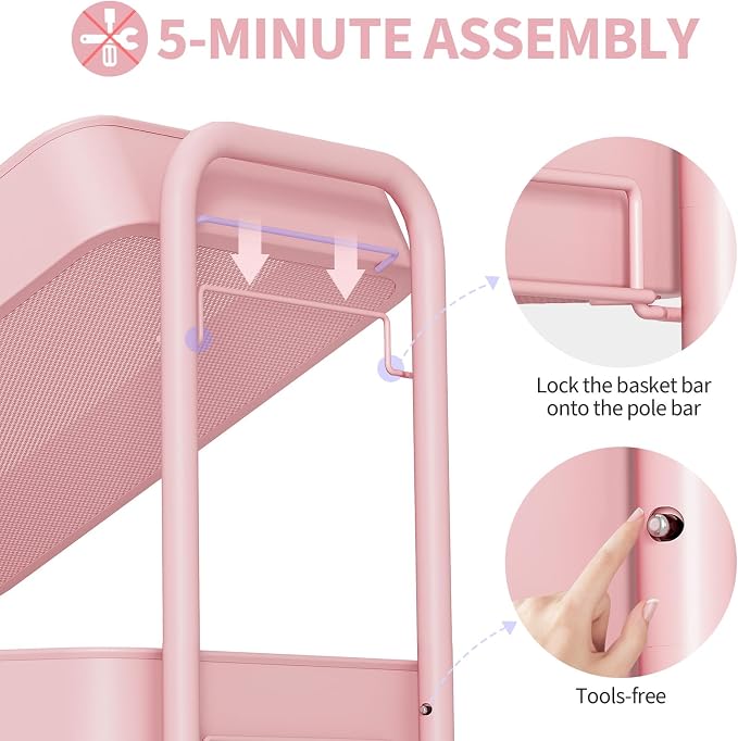 TOOLF 4 Tier Rolling Cart, Metal Utility Storage Cart with Pegboard, Pink | 2 Bins & 4 Hooks, Screwless Assembly, Lockable Wheels, Trolley Organizer for Bathroom, Kitchen, Office, Dorm, Craft Room