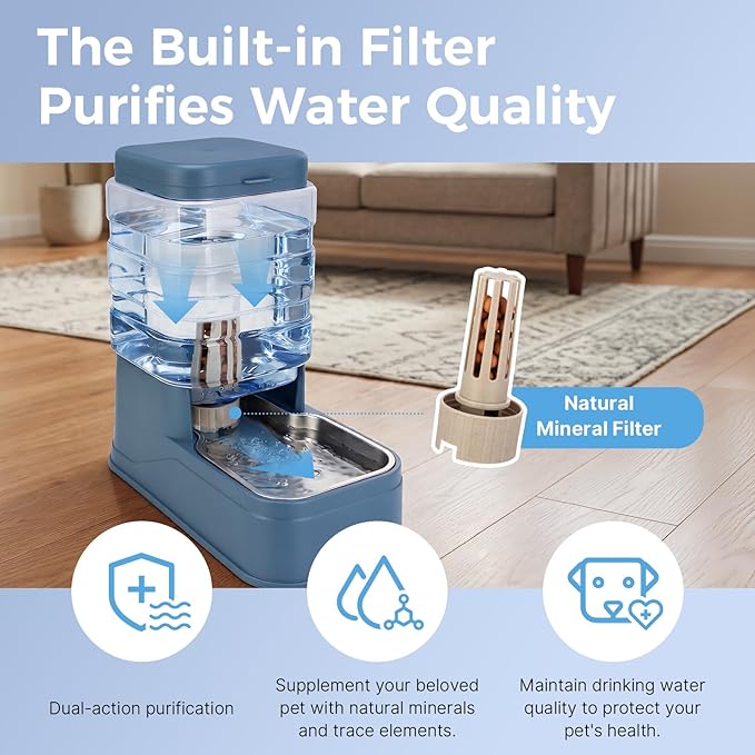 Automatic Cat Feeder and Water Dispenser with Stainless Steel Bowl with Ice Pack Gravity Food Feeder and Waterer Set Feeding Raised Bowls with Filter for Dog 1.3 Gallon x 2(Blue)