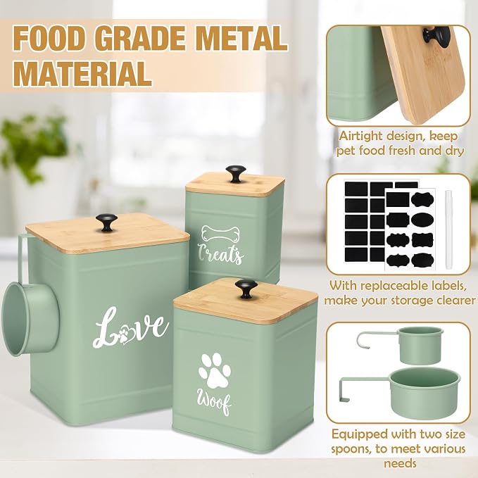 Jingmore Metal Dog Treat Containers Set of 3 with Bamboo Lids and Spoon Airtight 7+3+2 lbs Dog Food Snack Jars with DIY Labels Big Pet Cookie Storage Jar for Kitchen Counter (Sage Green,Cute)
