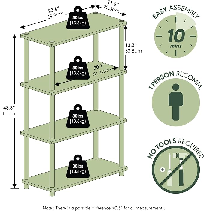 Furinno Turn-N-Tube Toolless 4-Tier Storage Shelves, Americano | Wide Open Frame Book Shelf, Corner Shelf, for Organization, Living Room, Garage, Home Office