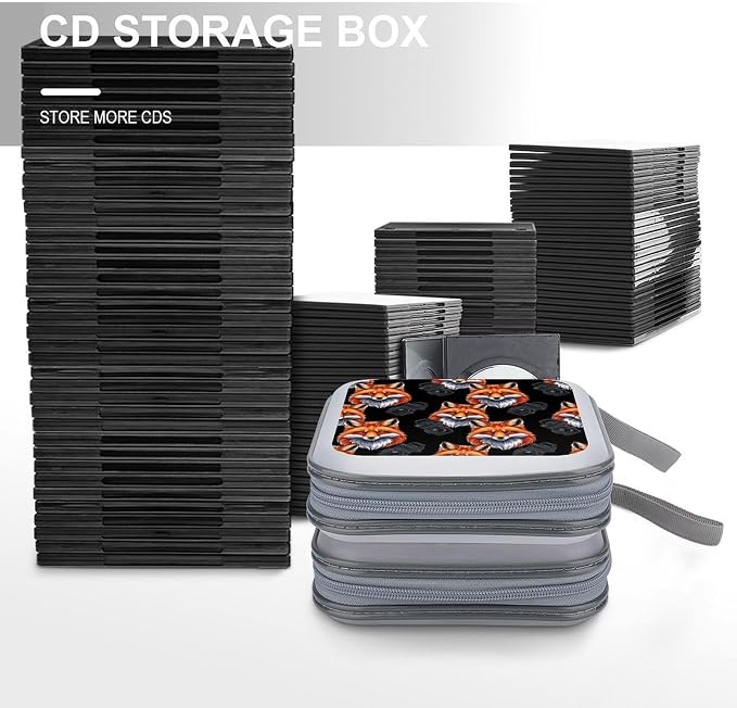 Hard Plastic 40-Disc Storage Binder Fox Art, Protective CD/DVD Wallet with Zipper, Portable Organizer for Movies Music