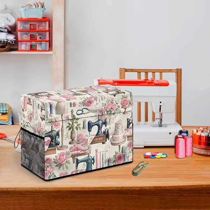 Elegant Sewing Element Sewing Machine Cover,Protective Cover with Side Handle and Sewing Essentials Pockets,Dust & Pet Hair Protection,Fits Standard Singer & Brother Machine