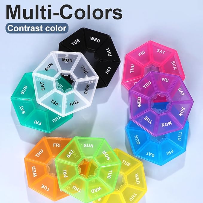 4pcs Travel Pill Organizer, Small Portable Pill Box, 7 Compartment | Weekly Medicine Dispenser, Vitamin Supplement Holder Reminder, Arthritis-Friendly(Yellow,Light Green,Transparent,Rose Pink)