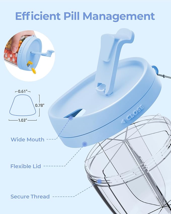 AMOOS Cute Pill Dispenser with Anti-Mix Design, 7-Slot, BPA-Free, Patented | Portable Travel Pill Organizer, Wide Mouth for Easy Access, Pill Bottle Organizer for Vitamins, Fish Oils, Supplements, Blue