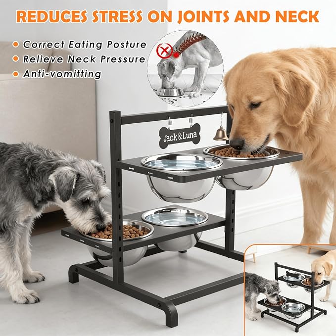 ADENGL Elevated Dog Bowl Stand with 4 Stainless Steel Bowls (1700ml/58oz) – 9 Height Adjustable Raised Pet Feeder from 4.9" to 14.5" for Large Dogs & Multi-Pet Homes, with Bone Name Tag