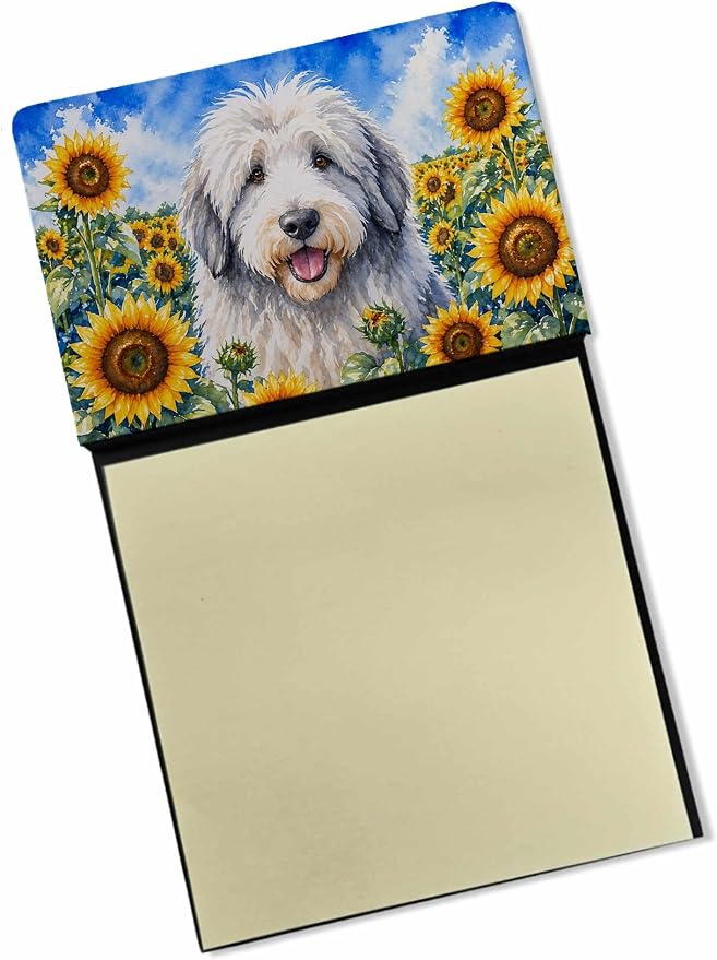 Caroline's Treasures Old English Sheepdog in Sunflowers Watercolor Sticky Note Holder Refillable Dispenser Desk Accessory 3x3 Pad Gift