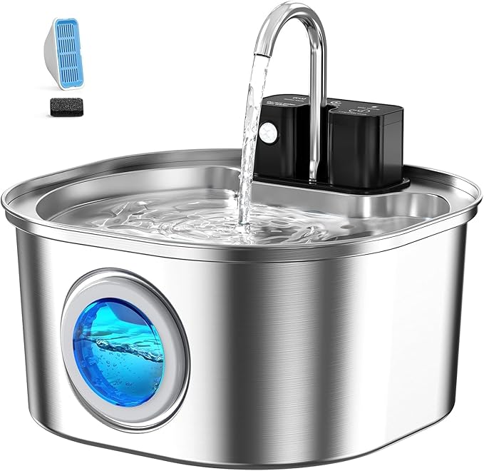 Voluas Stainless Steel Cat Water Fountain: 108oz/3.2L Wireless Cat Fountain Battery Operated for Drinking Indoor, Automatic Pet Water Dispenser Bowl with Ultra Quiet Pump, Easy Clean BPA-Free, 1Filter
