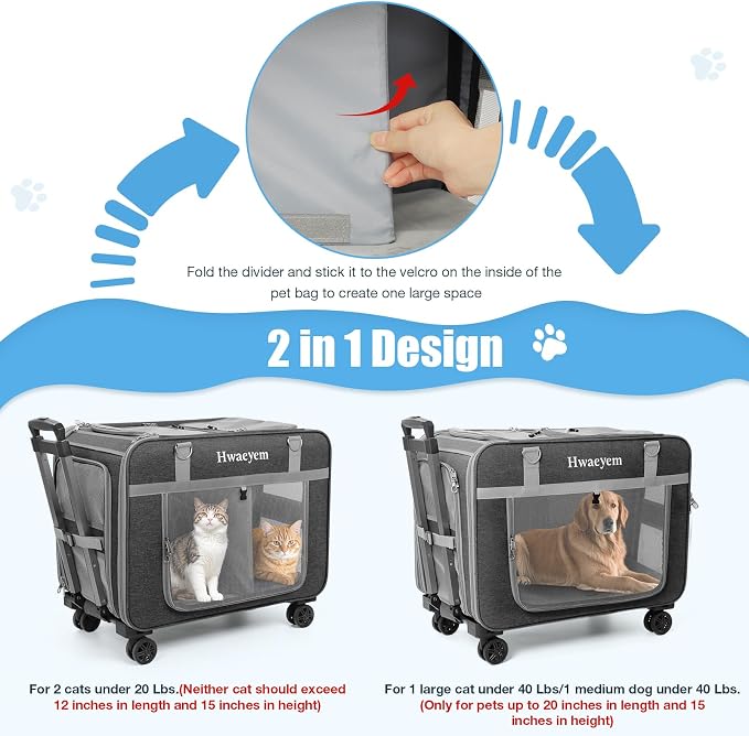 Rolling Extra Large Pet Cat Carrier with Wheels, Breathable Pet Carrier for 2 Cats or Medium Dog, 24" X 15" X 17" Dog Carriers for Small Dogs with Zipper Locks, Ideal for Travel & Vet Visits