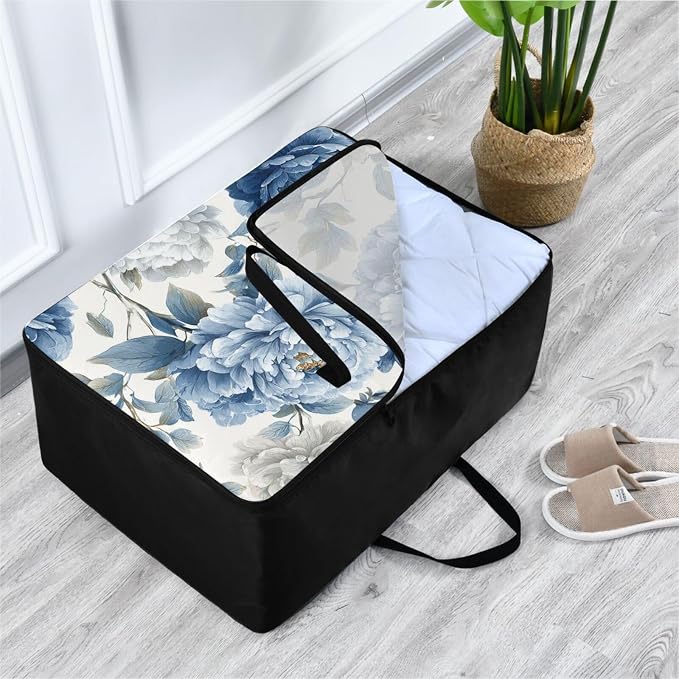 Comforter Storage Bags Large Folding Blanket Organizer Bag with Strong Handles Clear Window Closet Storage Containers for Clothes King Queen Pillows Bedding Quilt Duvet Butterfly Peony Flower B