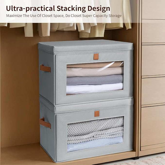 Large Closet Storage Organizer - Clothes Storage Bins with Handles & Window, Collapsible Decorative Boxes with Lids, Fabric Containers for Living Room, Dorm, 5 Pack, Grey