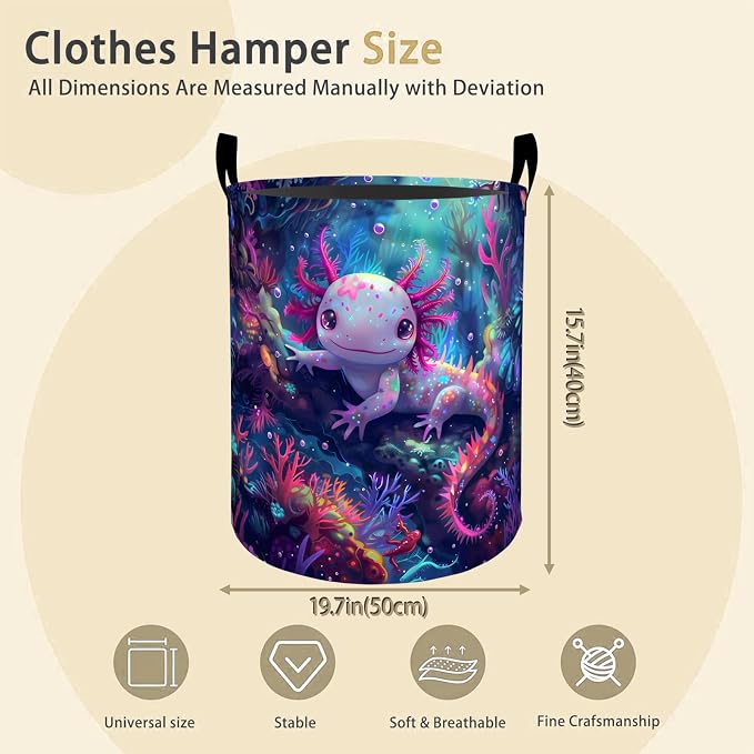 Axolotl Laundry Basket Hamper for Boys Girls Kids Adults, Foldable Waterproof Oxford Clothes Storage Bin, Ocean Organizer for Bedroom Bathroom Room Decor 19.7"x15.8"